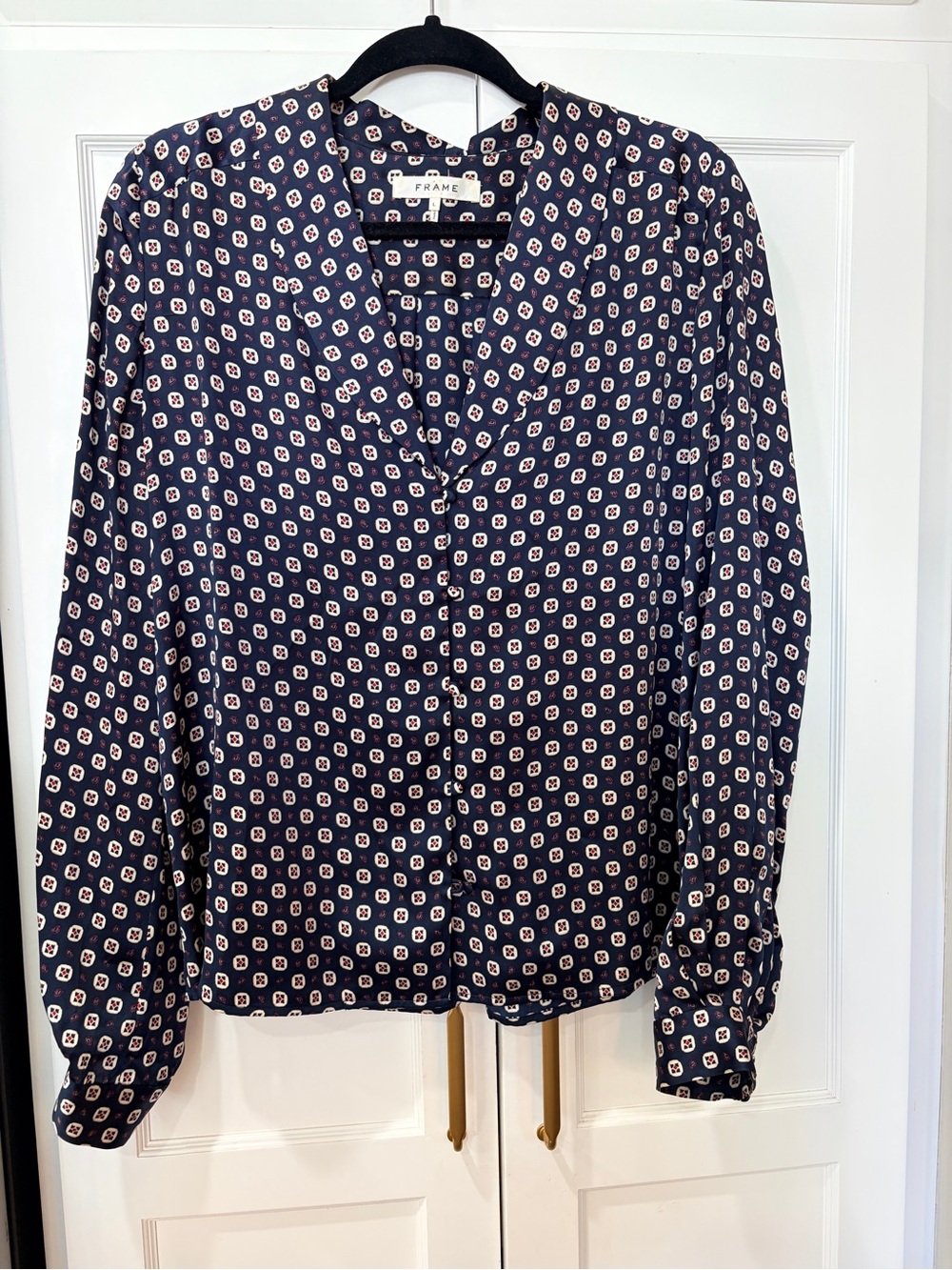 FRAME Navy Geometric Print Button-Up Blouse